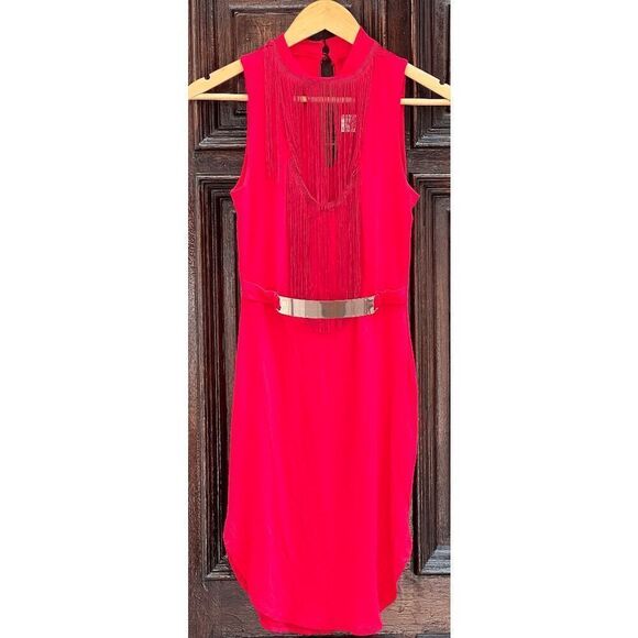 Reworked Minerva Rayon Red Belted Fringe Dress - S - Picture 1 of 16